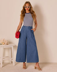 Celadine Wide Leg Pleated Chambray Pants