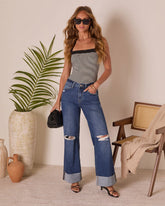 Jaidan Stretch Distressed Wide Leg Cuffed Jeans