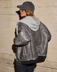 Campus Oversized Hooded Leather Bomber Jacket