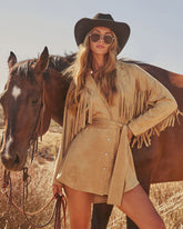 Olya Suede Wrap Tie Fringe Mini Dress