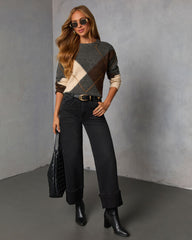 Smoky Cedar Contrast Argyle Print Crew Neck Sweater
