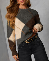 Smoky Cedar Contrast Argyle Print Crew Neck Sweater