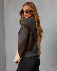 Smoky Cedar Contrast Argyle Print Crew Neck Sweater