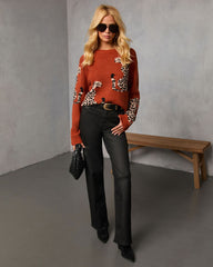 Nalie Leopard Motif Crew Neck Sweater