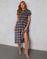 Charlisa Plaid Puff Sleeve Midi Dress