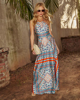 Valia Abstract Slip Halter Maxi Dress