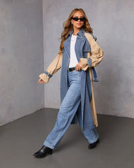 Fallen Oak Color Block Denim Trench Coat