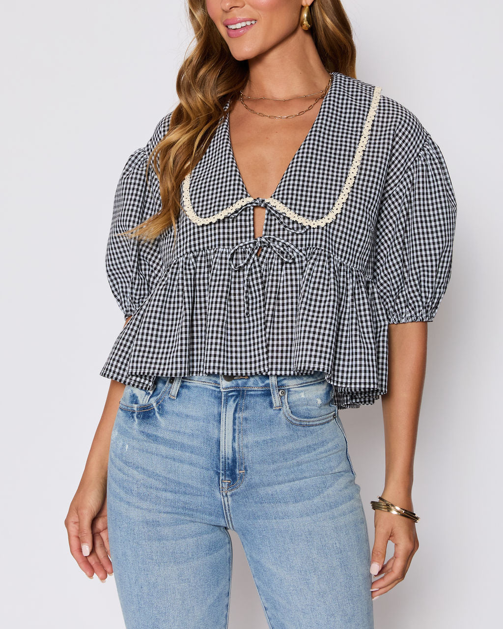 Hart Collared Gingham Babydoll Top