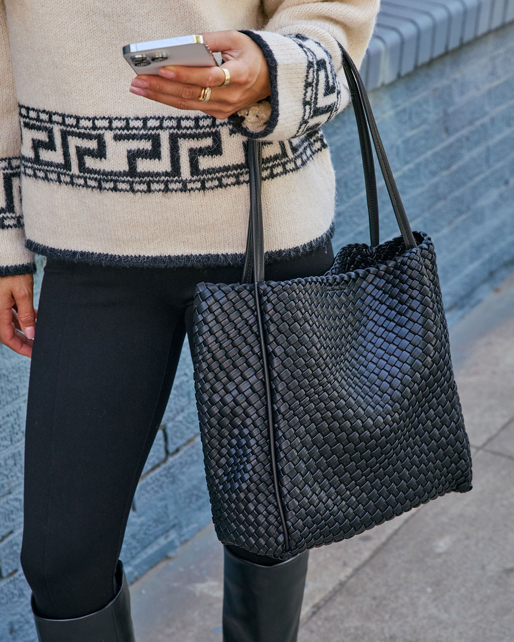 Cenlie Textured Woven Leather Tote Bag