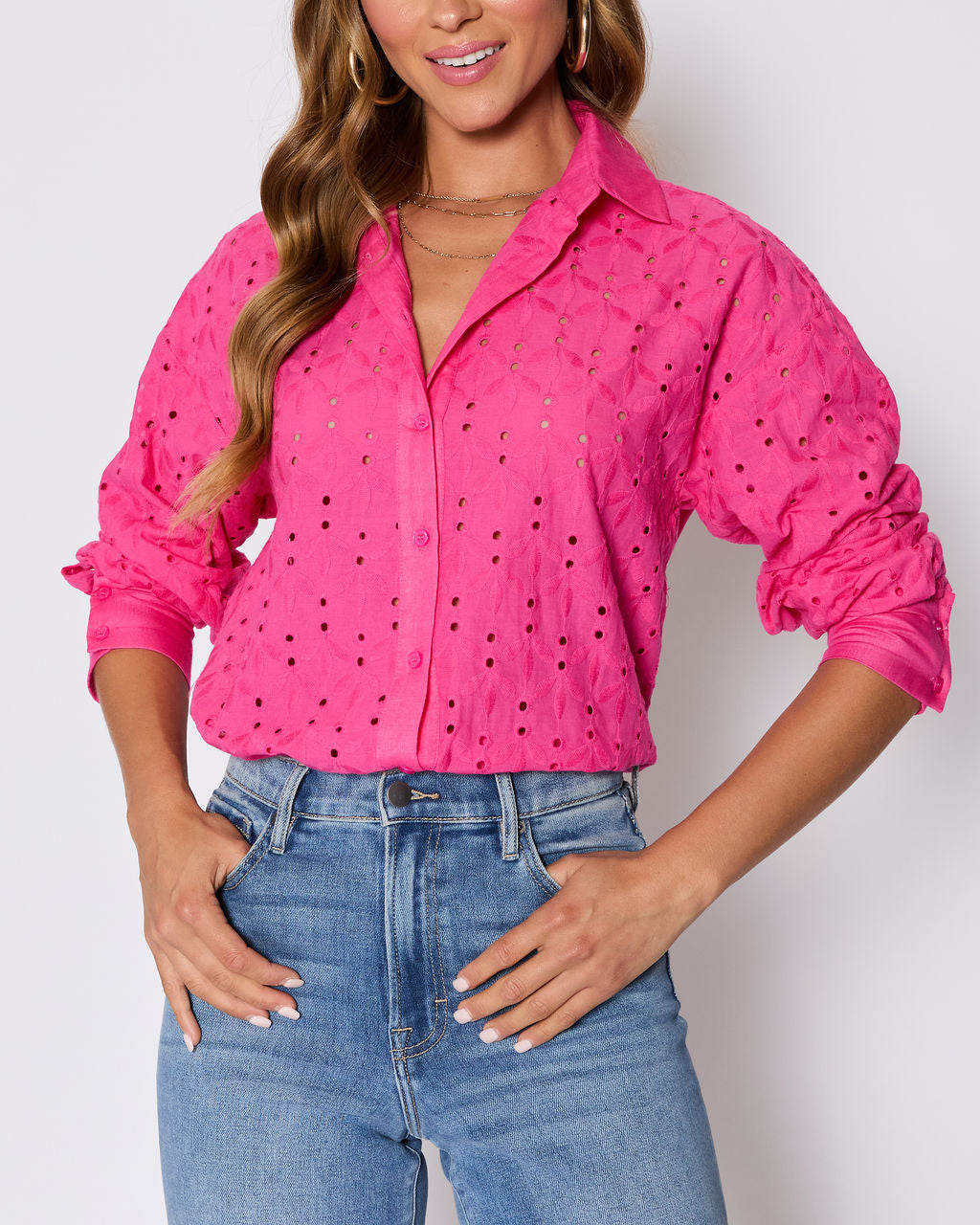 Garden Stroll Eyelet Floral Button Down Top