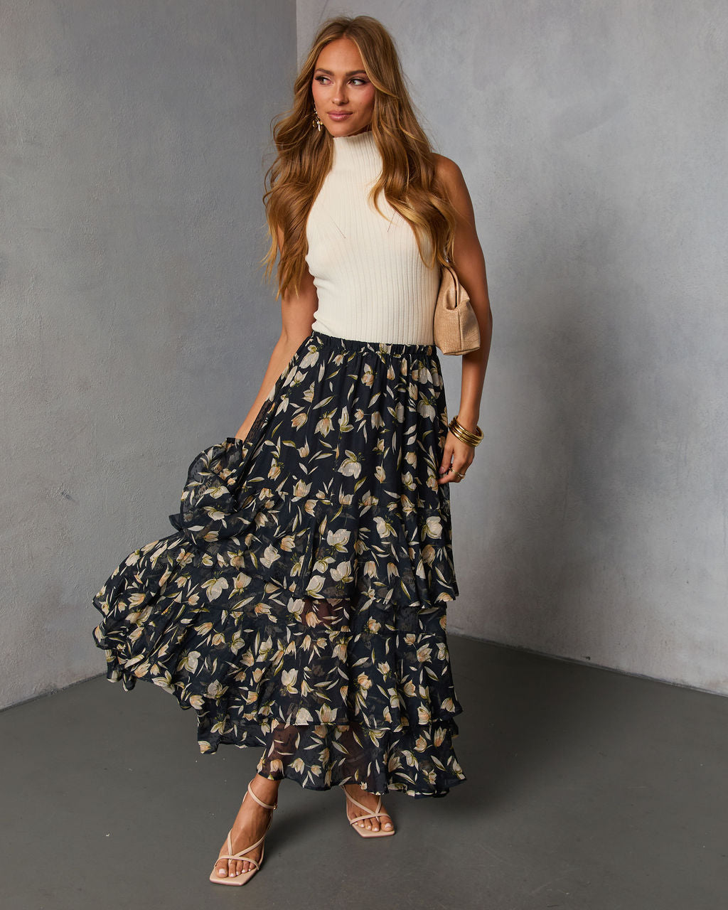 Rustic Bloom Printed Tiered Maxi Skirt