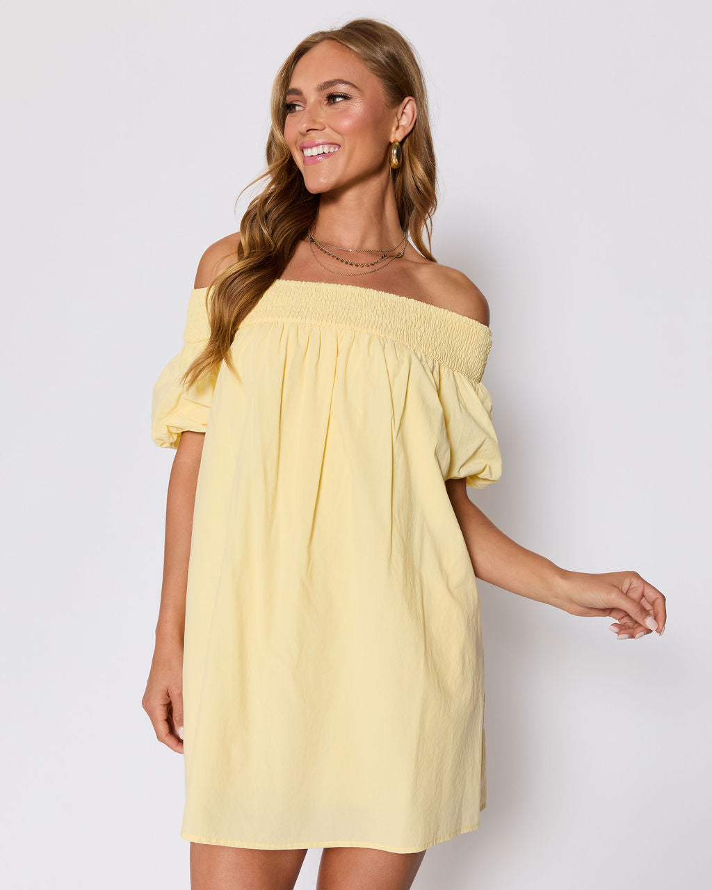 Lydia Cotton Smocked Off The Shoulder Mini Dress