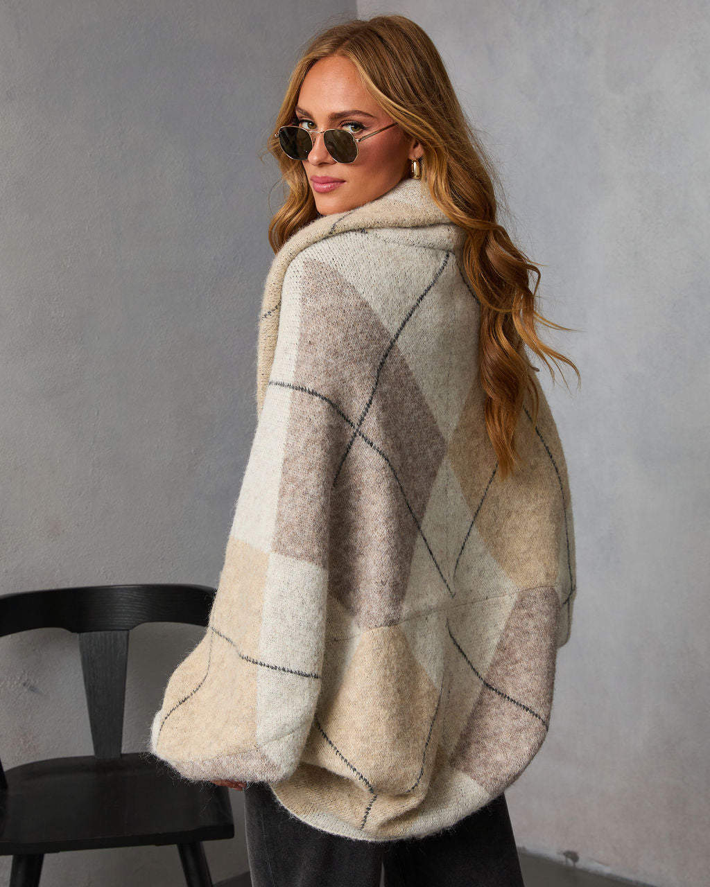 Marenne Cropped Argyle Print Cardigan