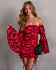 Precious Poppies Ruched Bell Sleeve Mini Dress