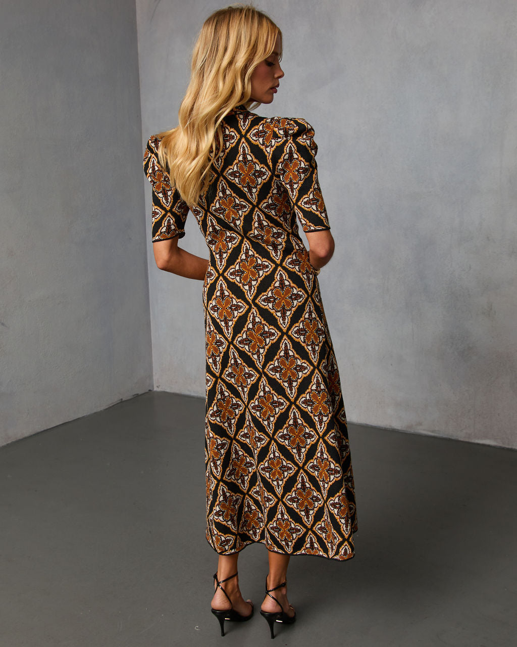 Olivyne Printed Mock Neck Knit Midi Dress