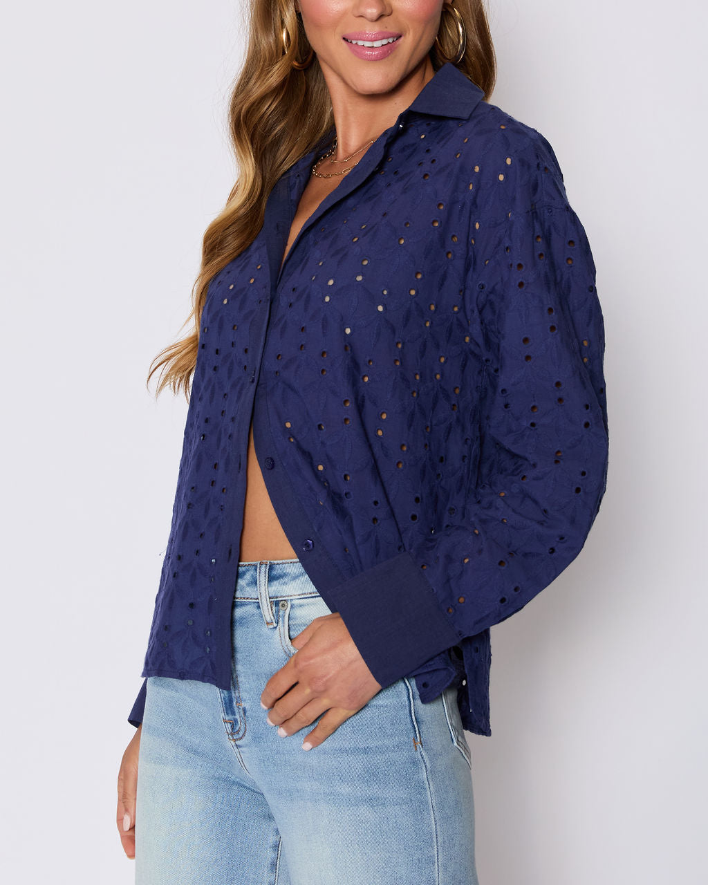 Garden Stroll Eyelet Floral Button Down Top