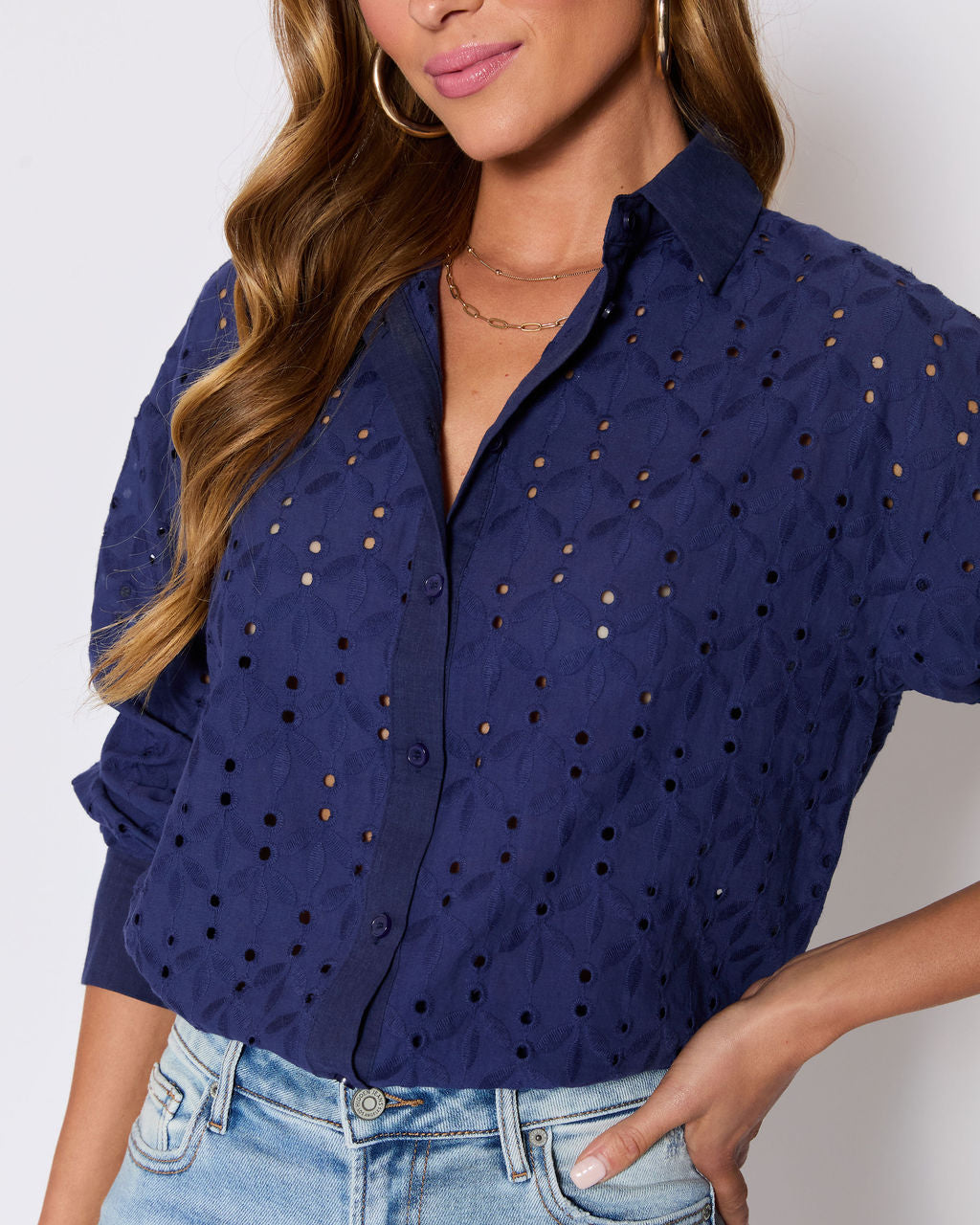 Garden Stroll Eyelet Floral Button Down Top