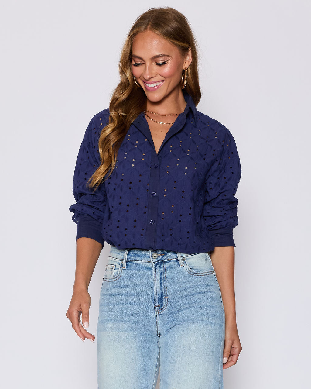 Garden Stroll Eyelet Floral Button Down Top
