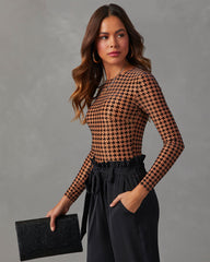 All The Craze Velvet Mesh Houndstooth Bodysuit
