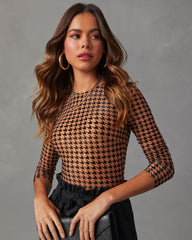 All The Craze Velvet Mesh Houndstooth Bodysuit