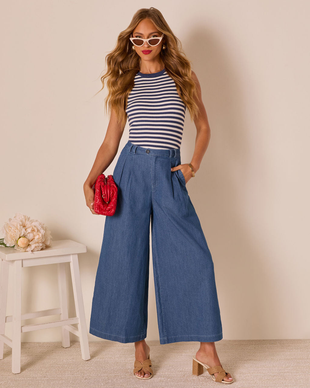 Celadine Wide Leg Pleated Chambray Pants