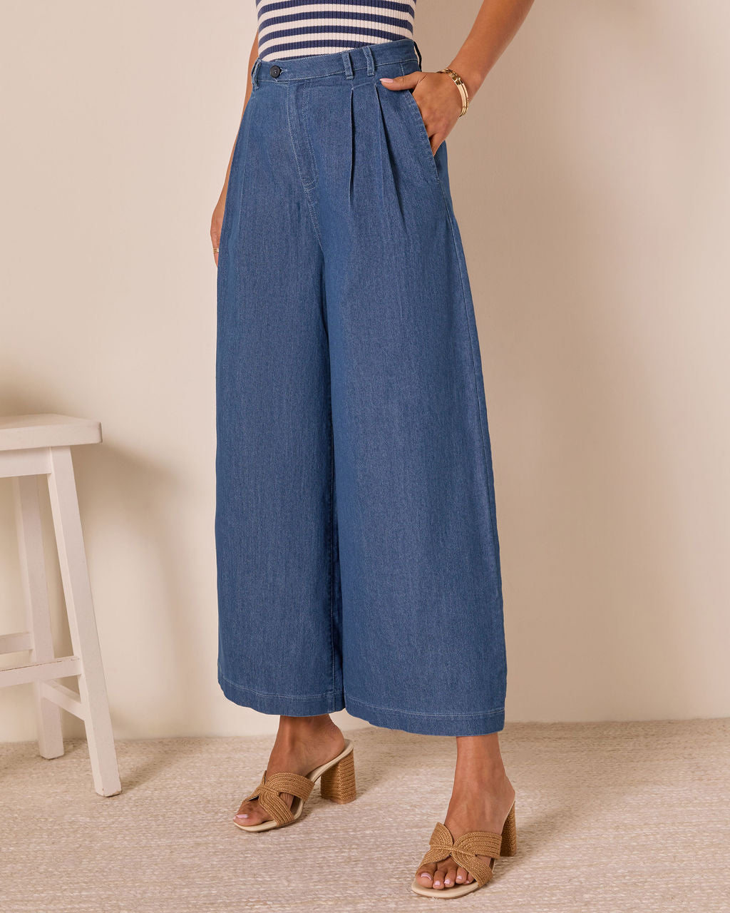 Celadine Wide Leg Pleated Chambray Pants