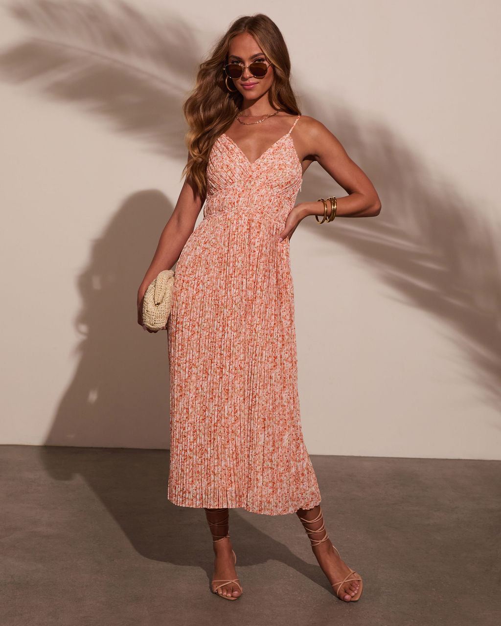 Sunset Kiss Pleated Floral Midi Dress