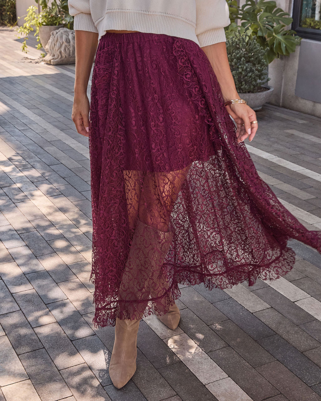 Mulled Wine Lace Midi Skirt