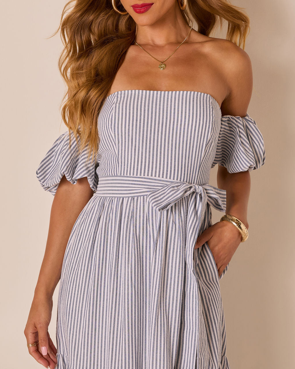 Annah Striped Off The Shoulder Maxi Dress