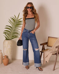 Jaidan Stretch Distressed Wide Leg Cuffed Jeans