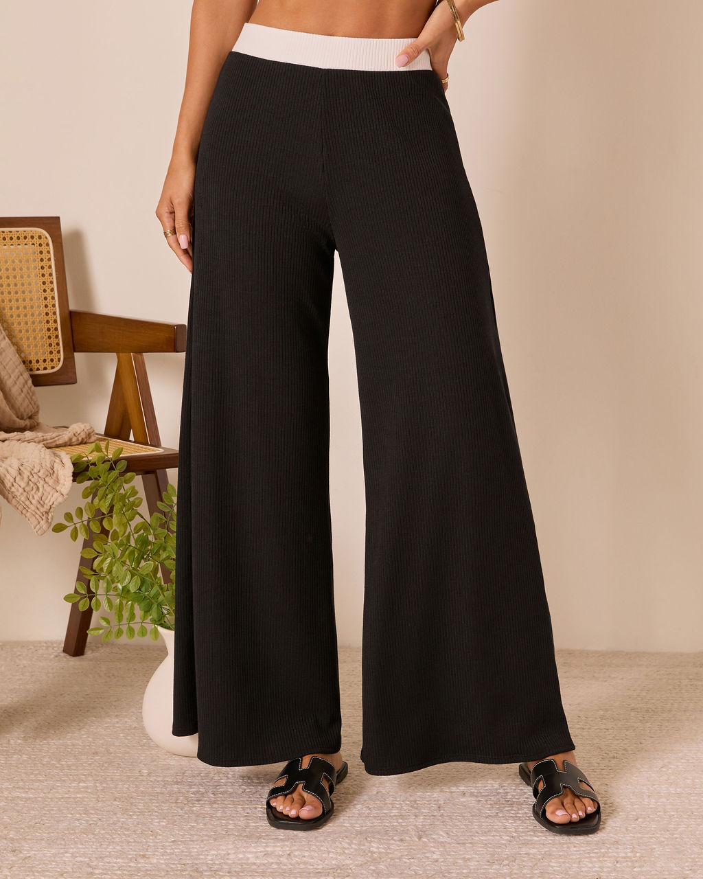 Tricia Contrast Waist Wide Leg Pants