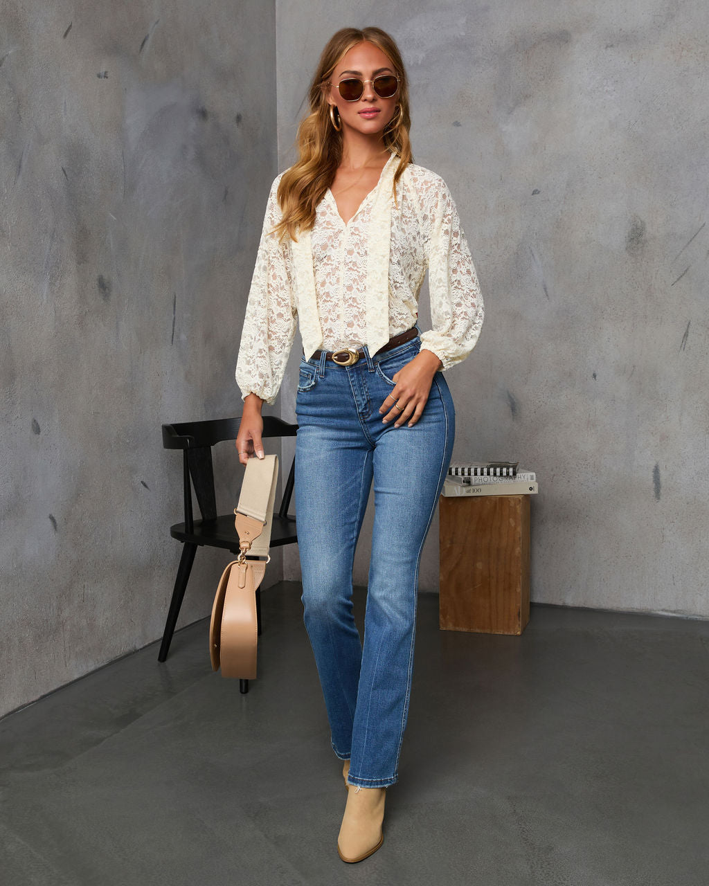 Warm Spice Neck Tie Lace Blouse