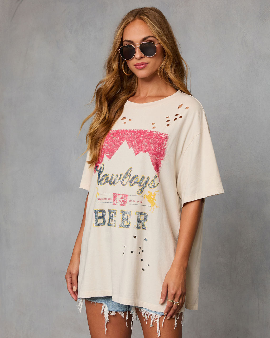 Cowboys and Beer Distressed Oversized Graphic Tee