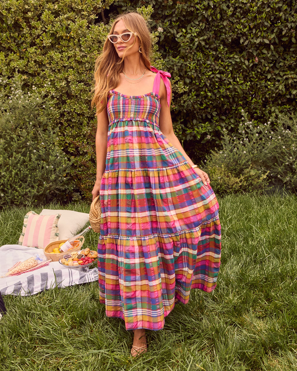 Izie Plaid Tiered Maxi Dress