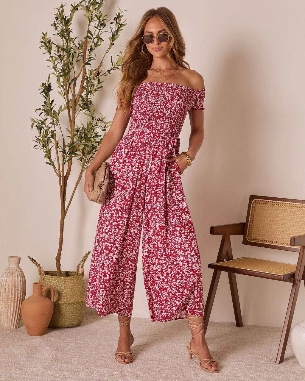 Dawna Off The Shoulder Waist Tie Jumpsuit