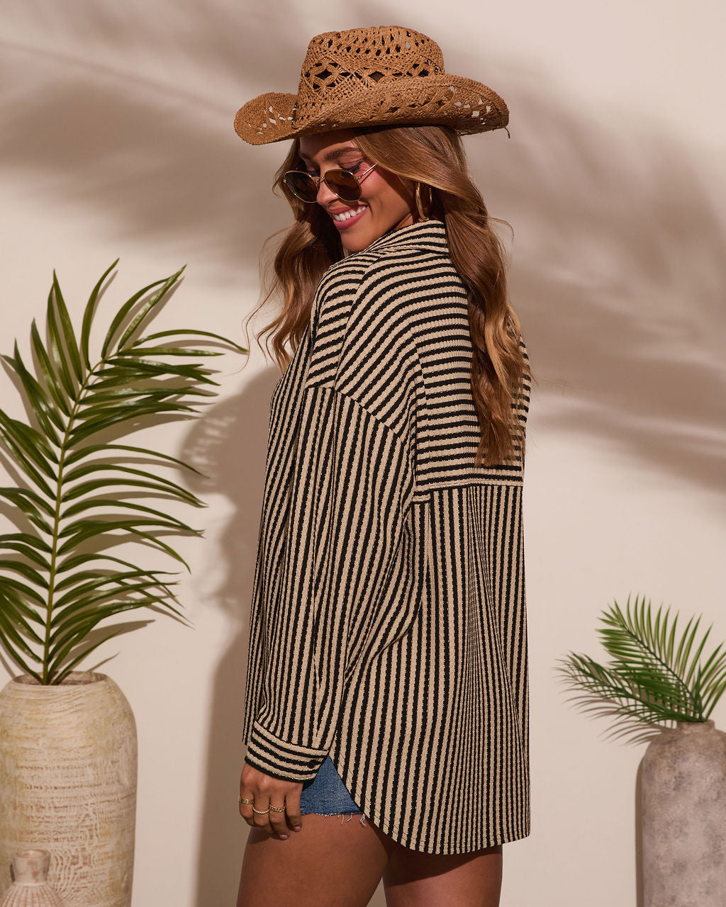 Deep End Contrast Stripe Button Down Top