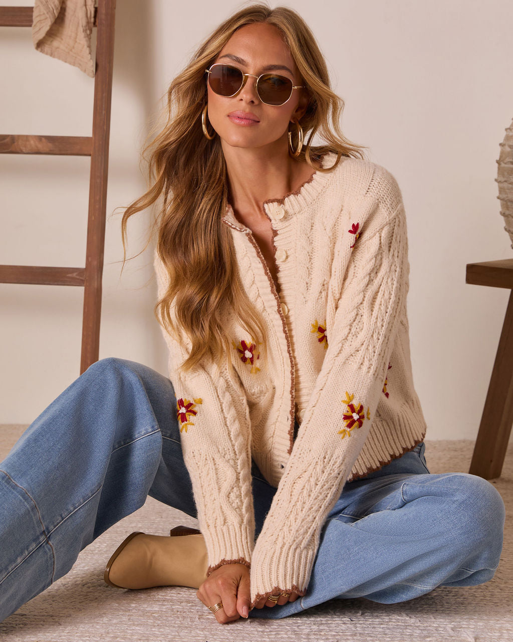 Brienna Embroidered Knit Crew Neck Cardigan