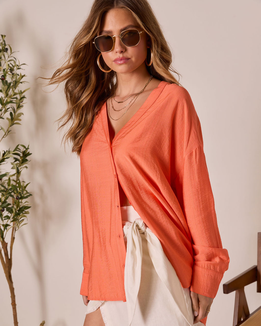 House Of Sun Satin Button Up Top