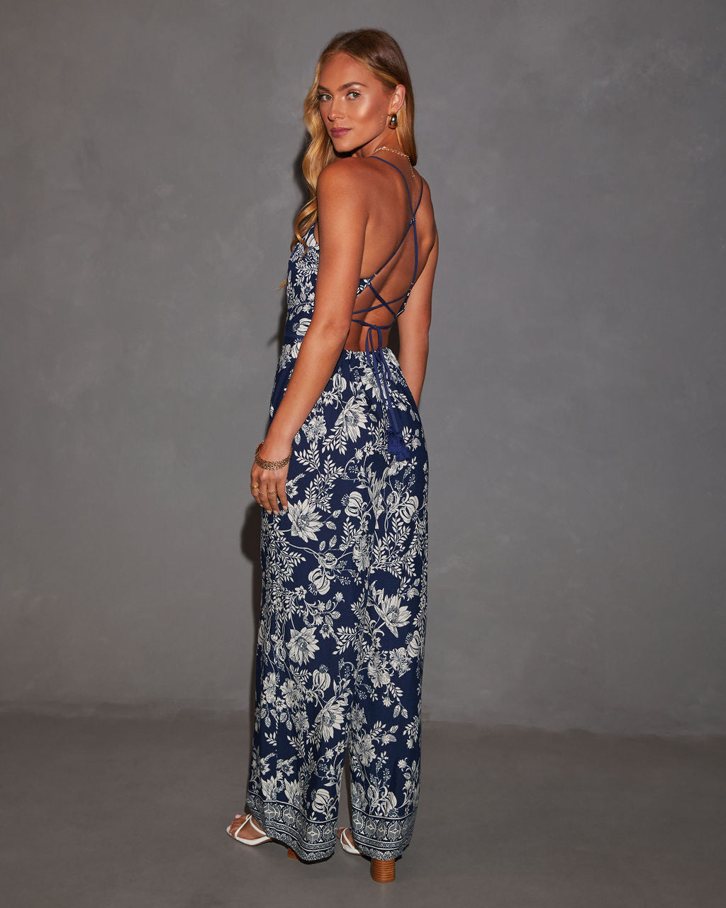 Florencia Printed Lace Up Back Pocketed Jumpsuit