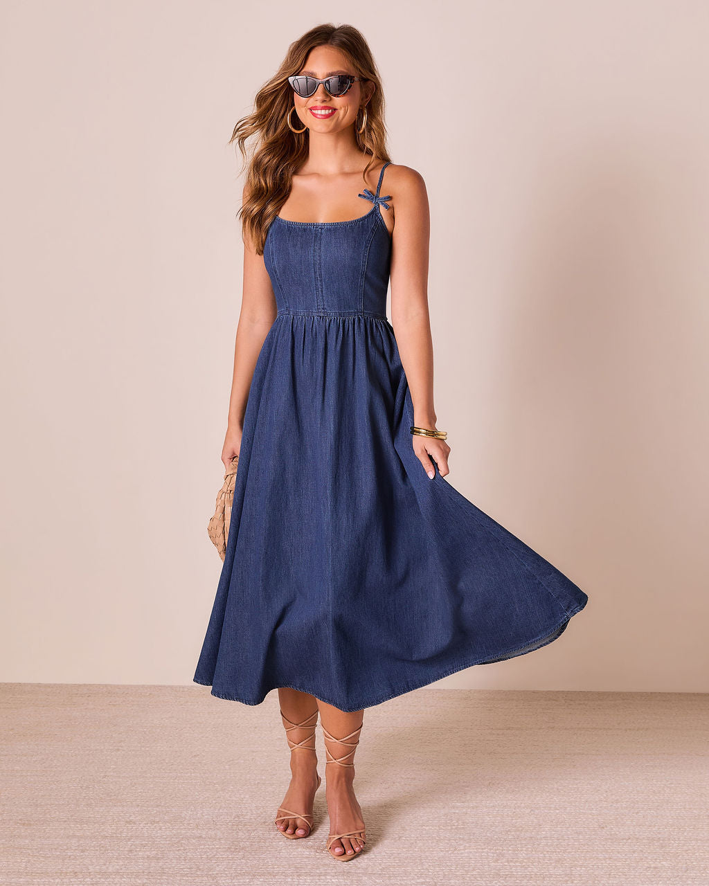 Tide To Me Bow Strap Midi Chambray Dress