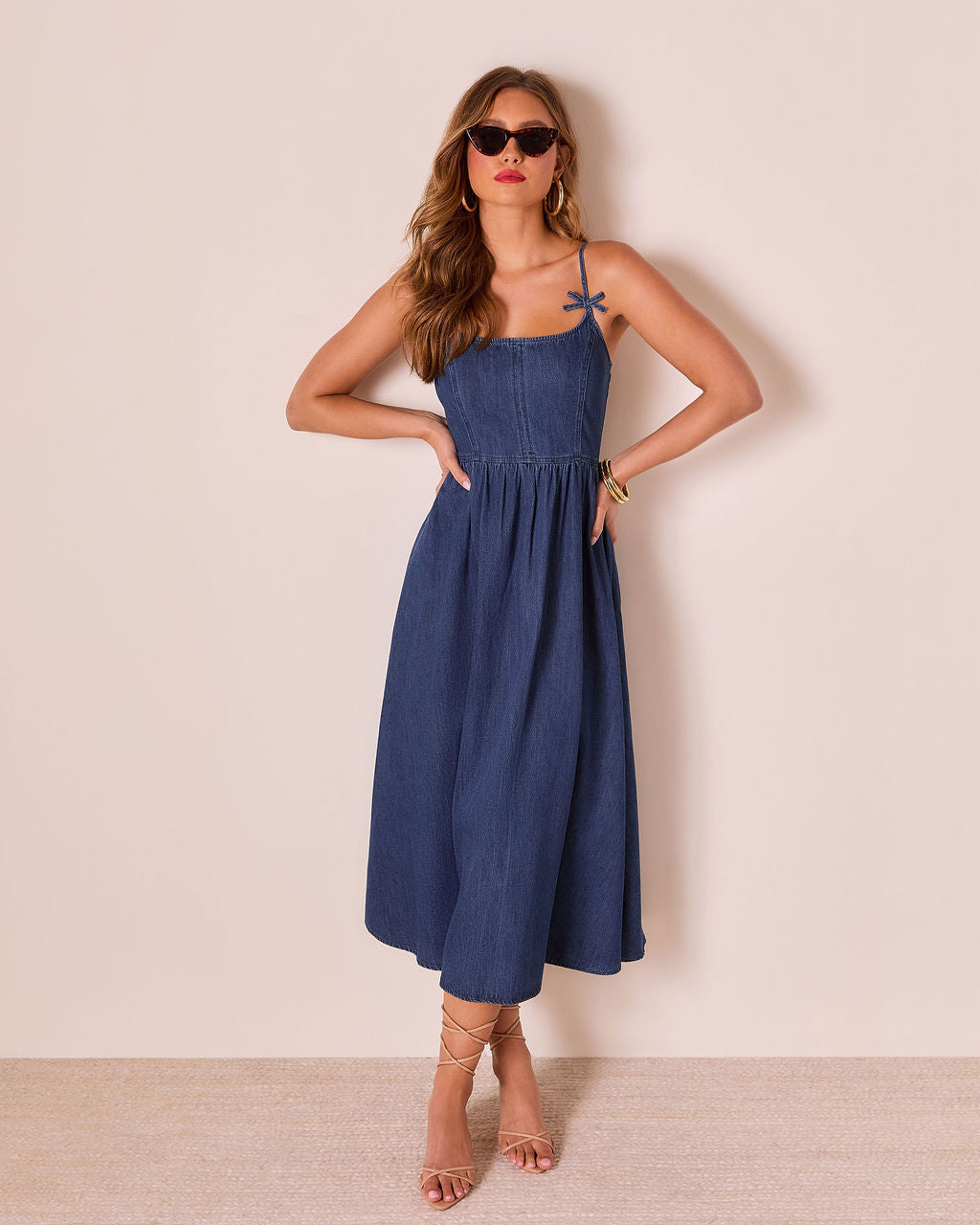 Tide To Me Bow Strap Midi Chambray Dress
