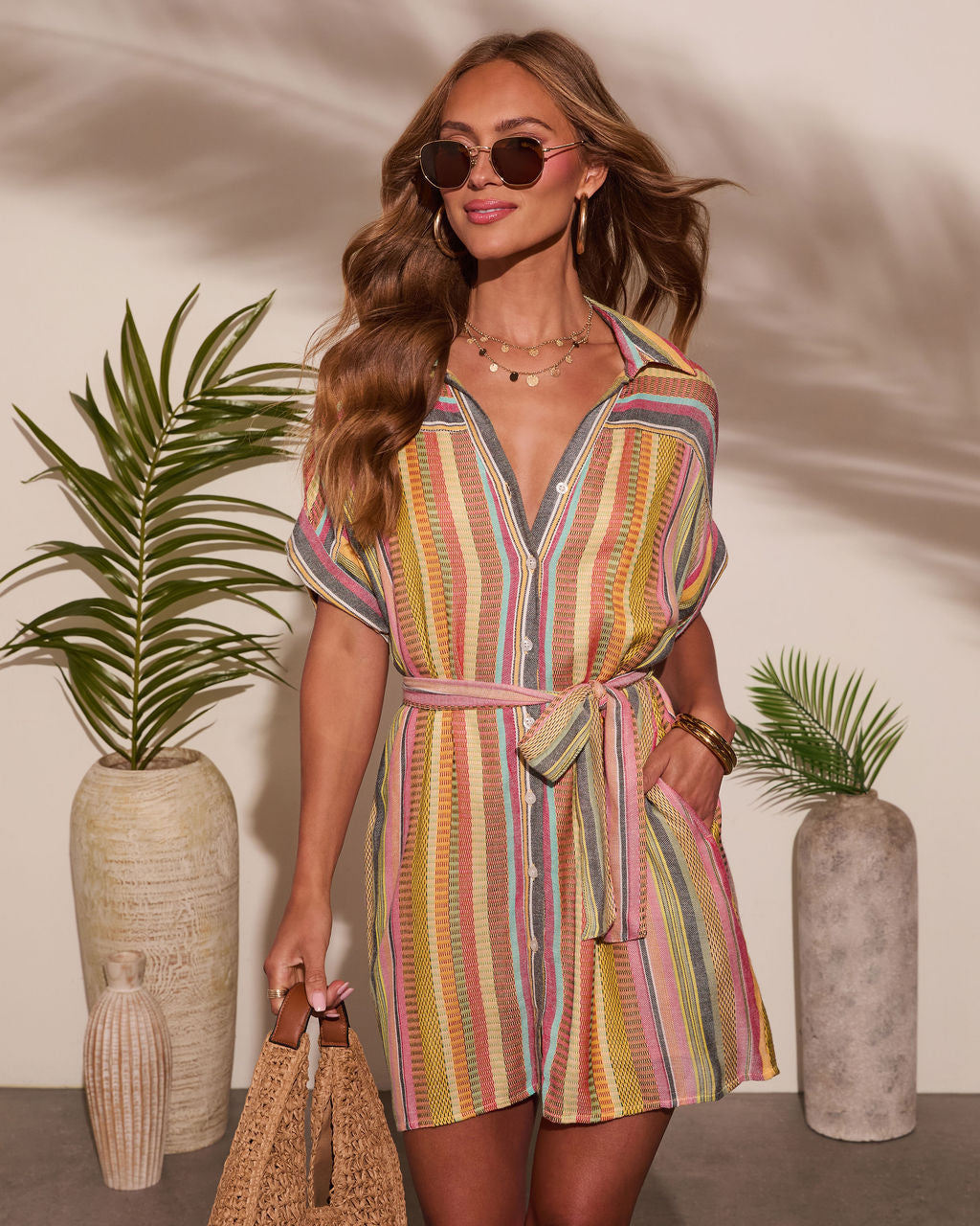 Sunshade Waist Tie Mini Shirt Dress