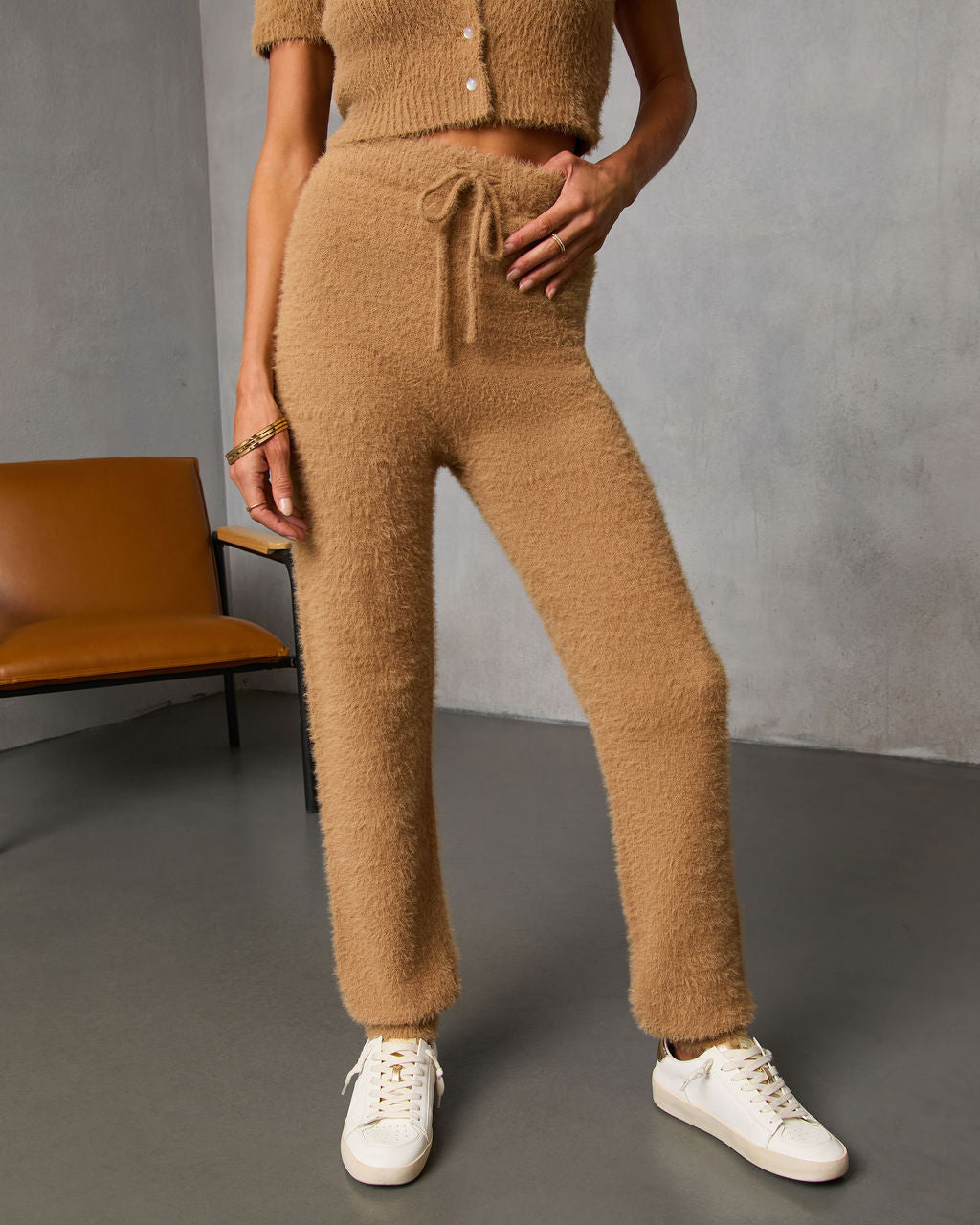 Chai Fall Fuzzy Knit High Rise Waist Tie Pants