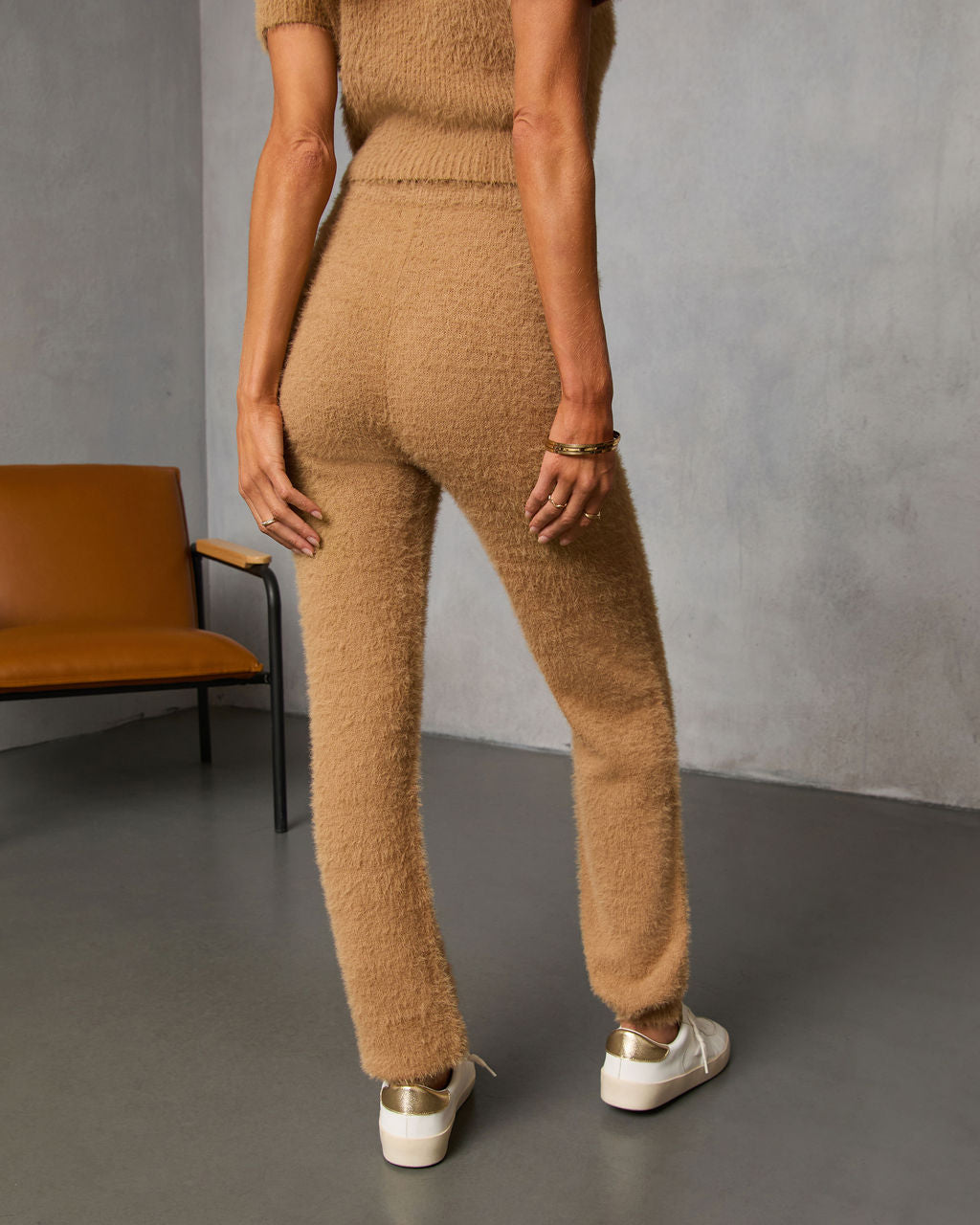 Chai Fall Fuzzy Knit High Rise Waist Tie Pants