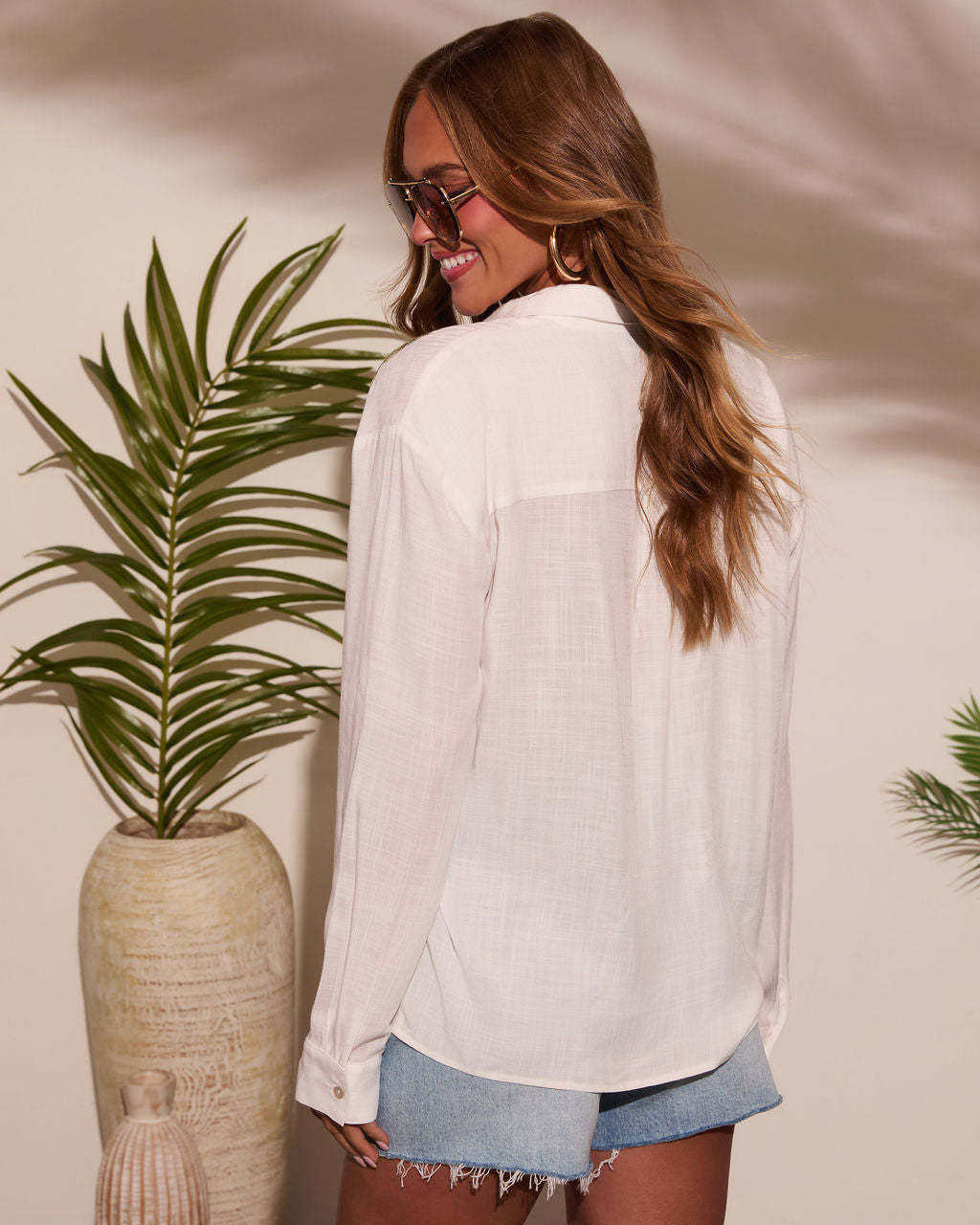 Palm Ritual Embroidered Linen Button Down Top