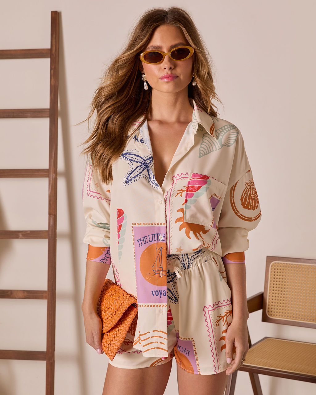 Postcard Sent Stamp Print Drawstring Shorts