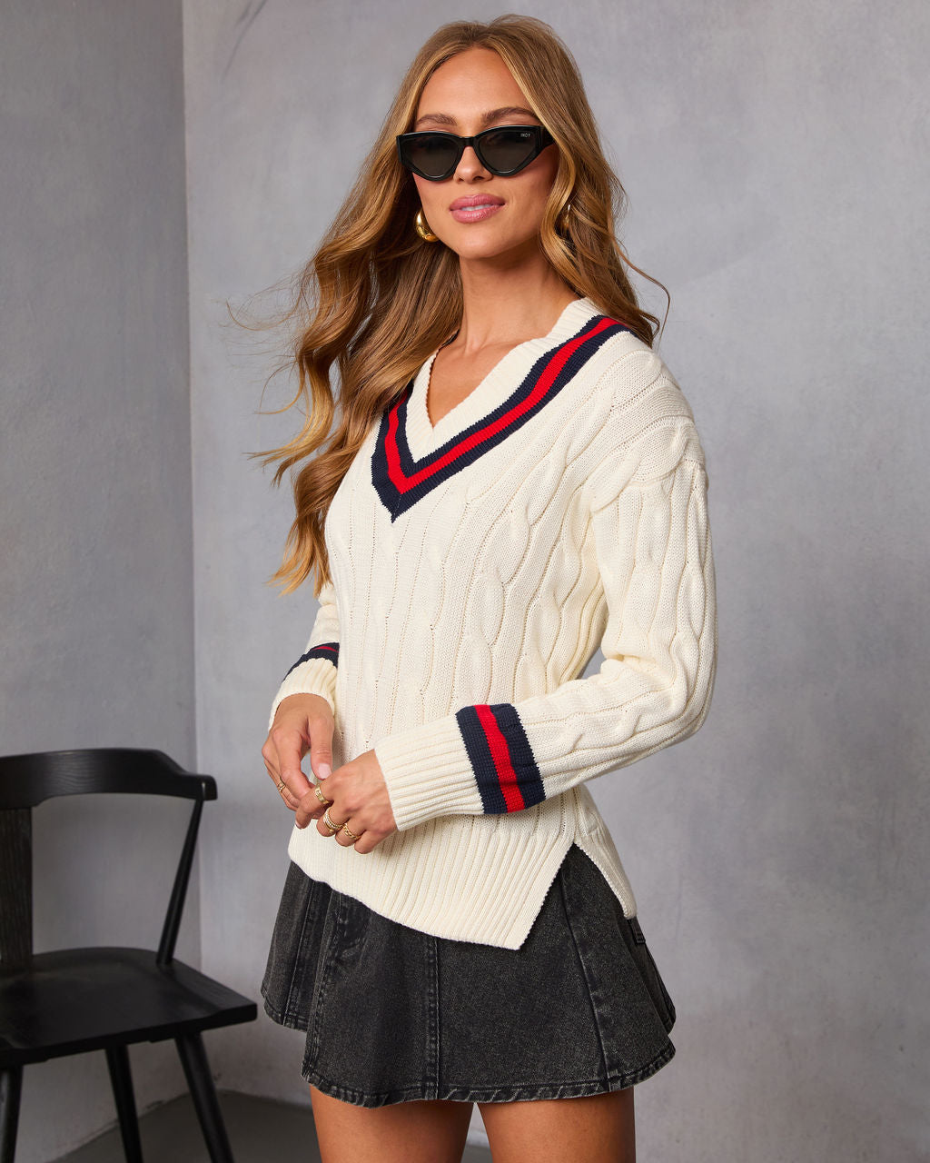 Moonlit Varsity Cable Knit Sweater