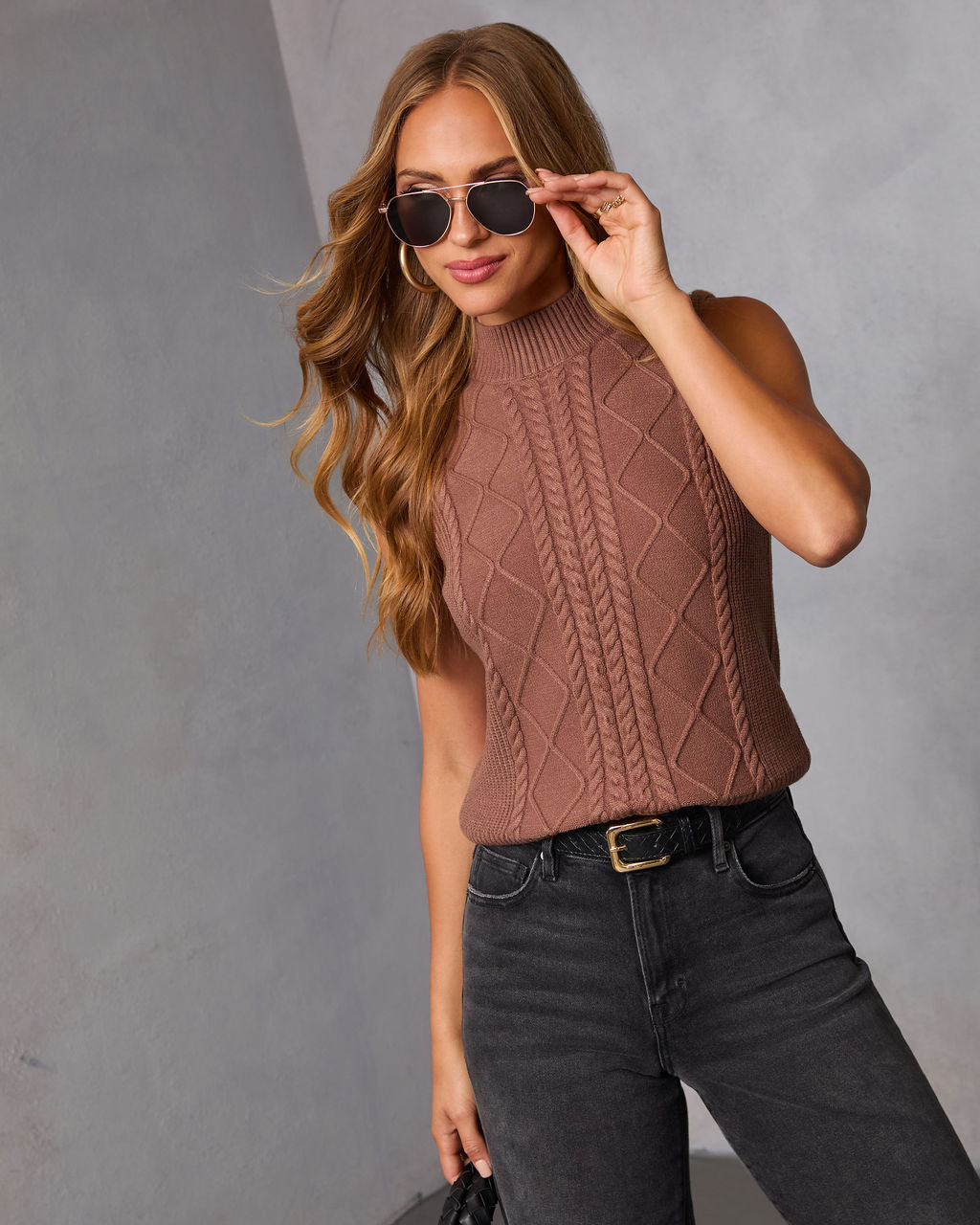 Amber Husk Cable Knit Mockneck Sweater