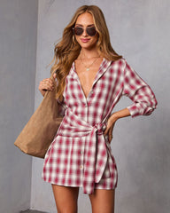 Ashroot Plaid Wrap Tie Shirt Dress