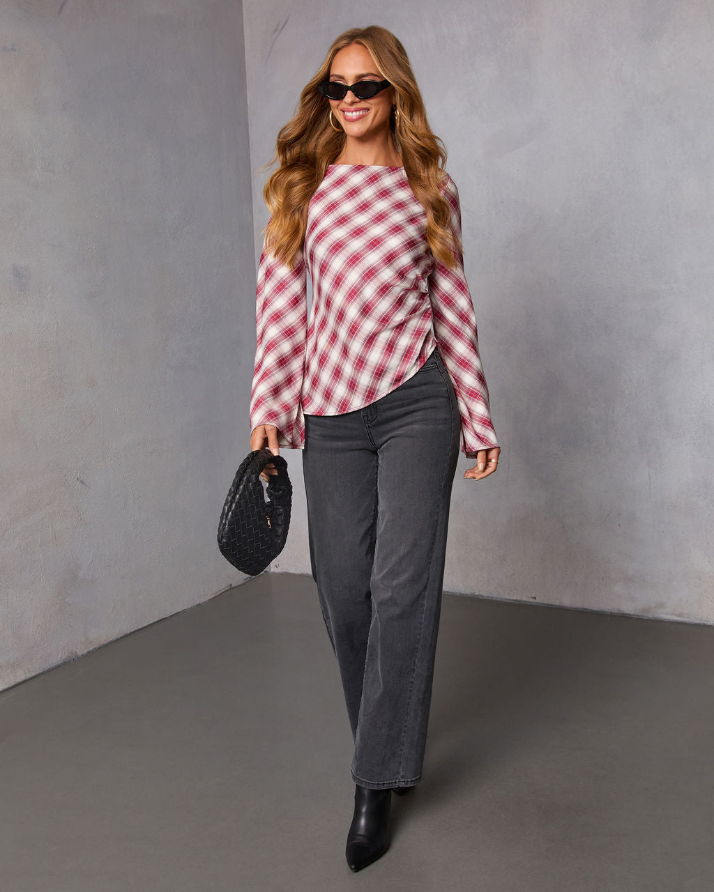 Enez Plaid Asymmetric Hem Top